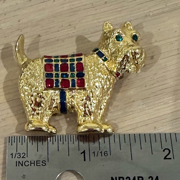 Scottie Dog Vintage Gold Plated Pin Coloured Jewel Eyes & Plaid Blanket & Collar - Picture 2 of 5